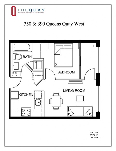 Floor plan for 1 bed, 1 bath, 540 sqft